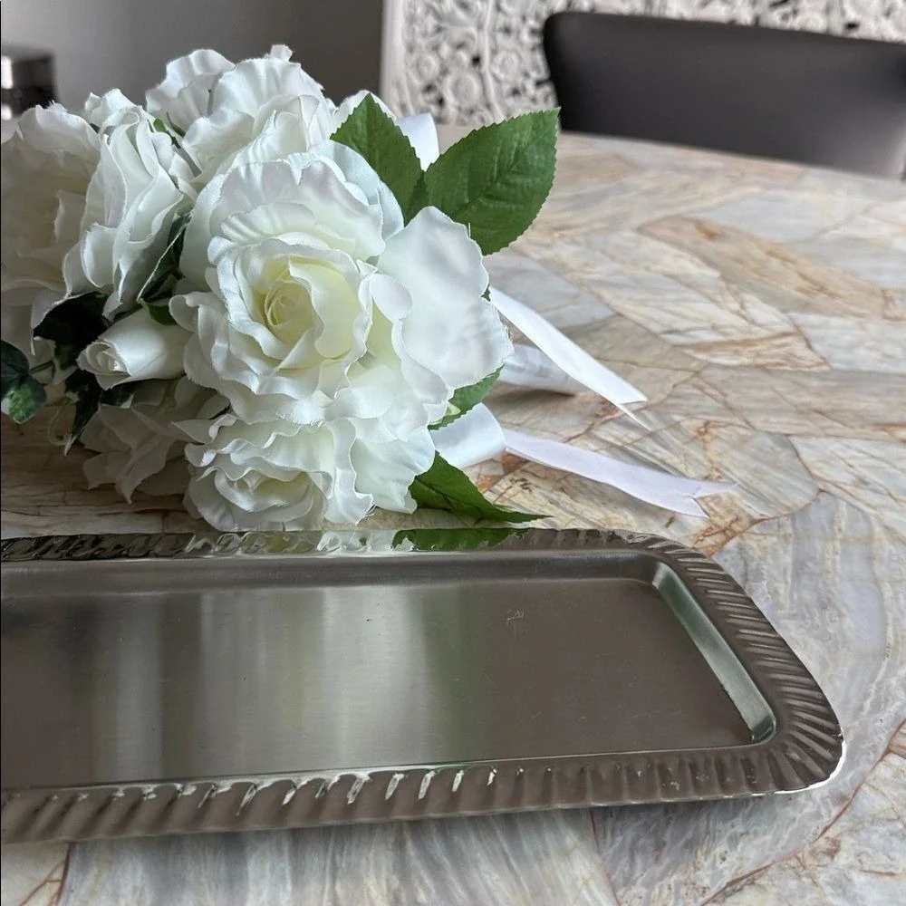 Ross Silver Rectangular Vanity Tray Fluted Border Metallic 9.5x4.5 Made in India